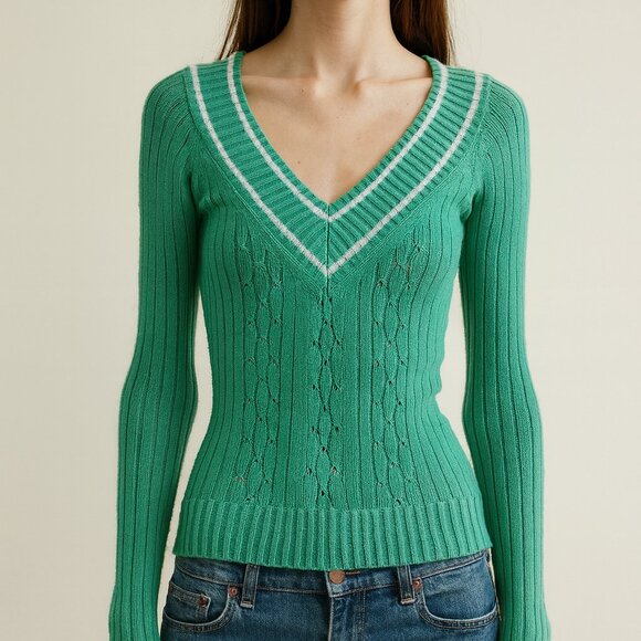 Vintage 1994 Old Navy Green Knit V-Neck Sweater Women’s Medium Y2K Preppy - Picture 1 of 13